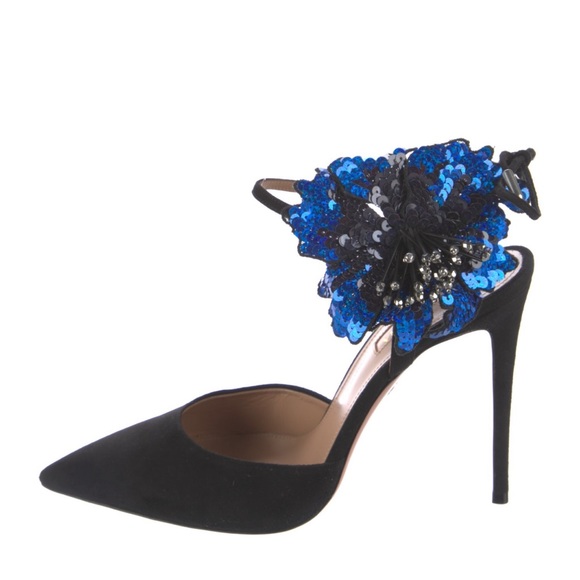 ‼️Price Firm‼️ AQUAZZURA DISCO FLOWER 105 SUEDE PUMPS IN BLACK BLUE SIZE 41 - Picture 6 of 13